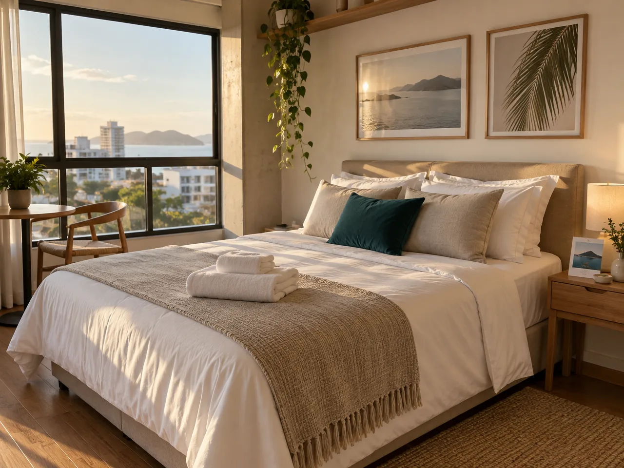 Loft arrumado para a chegada do hóspede, com vista para o mar